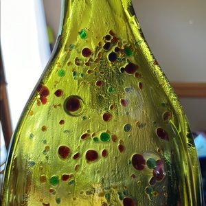 Up-cycled Melted Green Glass Color Speckled Wine Bottle